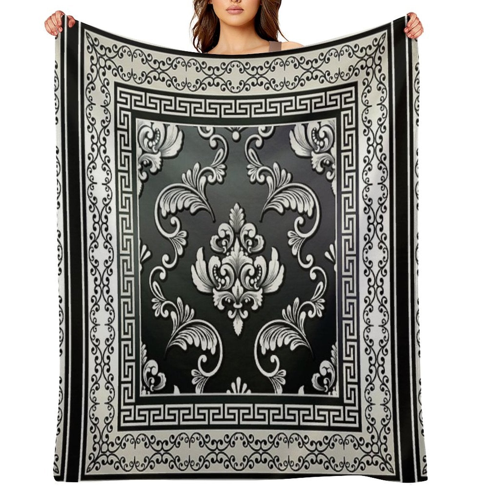 Greek Key Black And Cream Floral Pattern Travel-friendly Throw Blanket