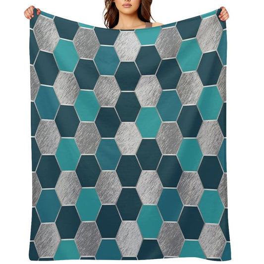 Metal Silver And Teal Geometric Hexagon Pattern Sustainable Throw Blanket
