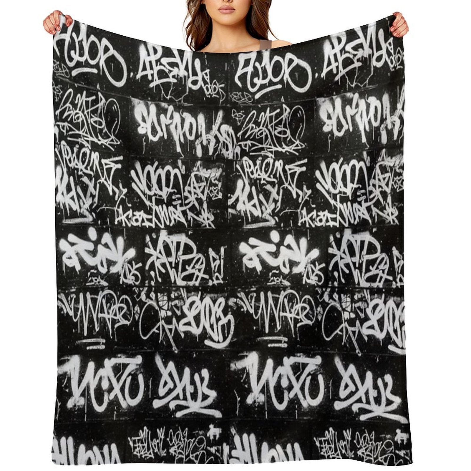 White Graffiti Tags on Black Wall Mural Durable Throw Blanket