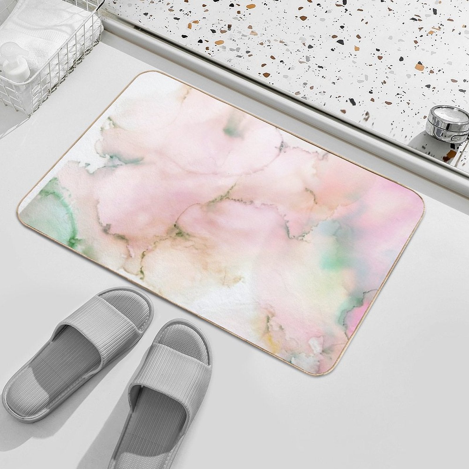 Abstract Ink Green Pink Tan Print by Zouzounio Art  Stain-Proof Bath Mat