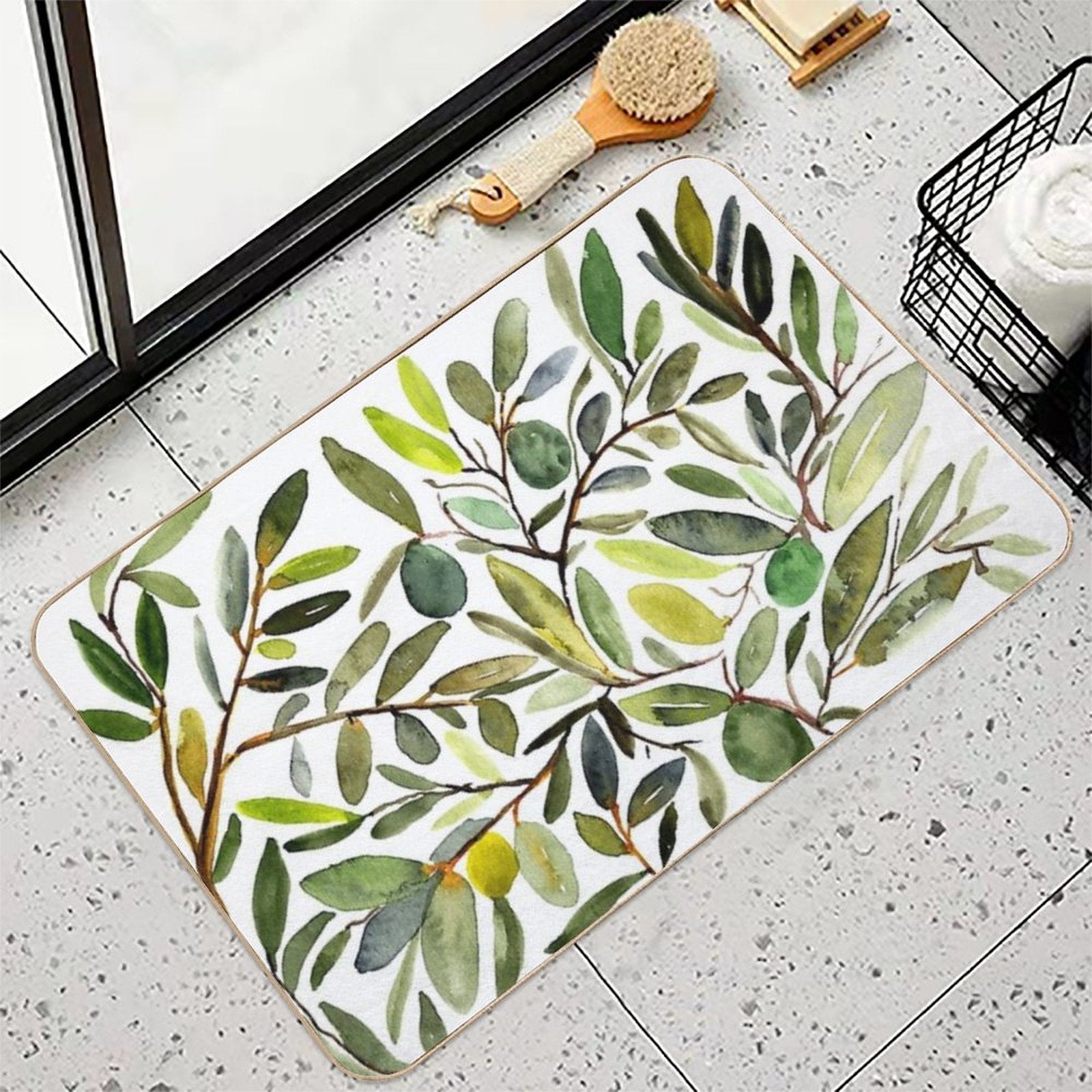 Olive Leaf Art Modern  Rapid-Drying Bath Mat