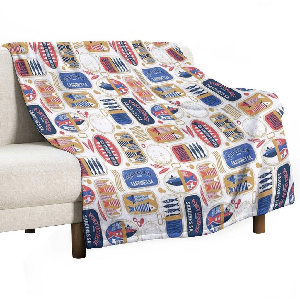 Vintage Canned Sardines  White Background Electric Blue And Mandy Red Cans Velvety-soft Throw Blanket