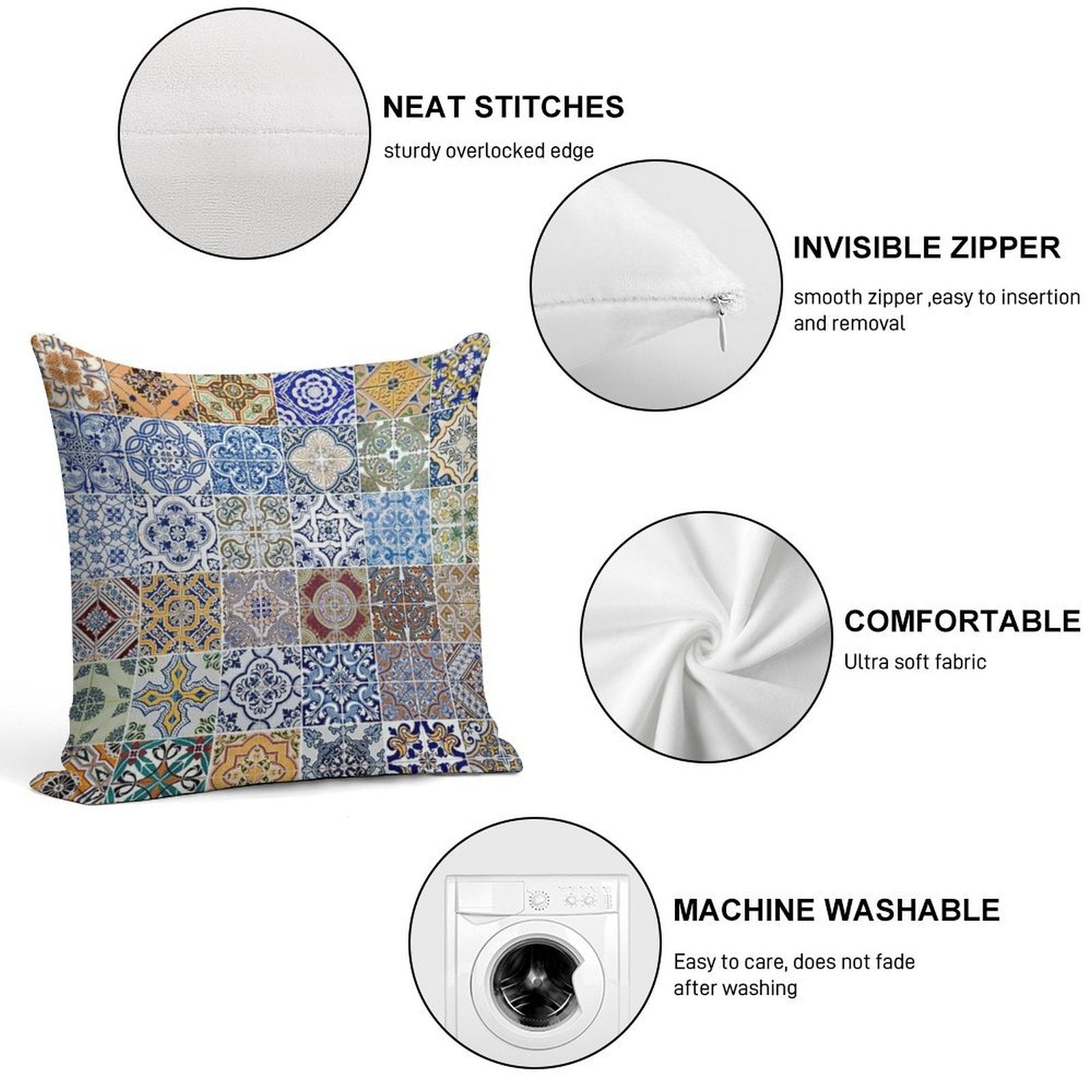 Set of 48 Ceramic Tiles Patterns Soft Hidden Zipper Throw Pillow