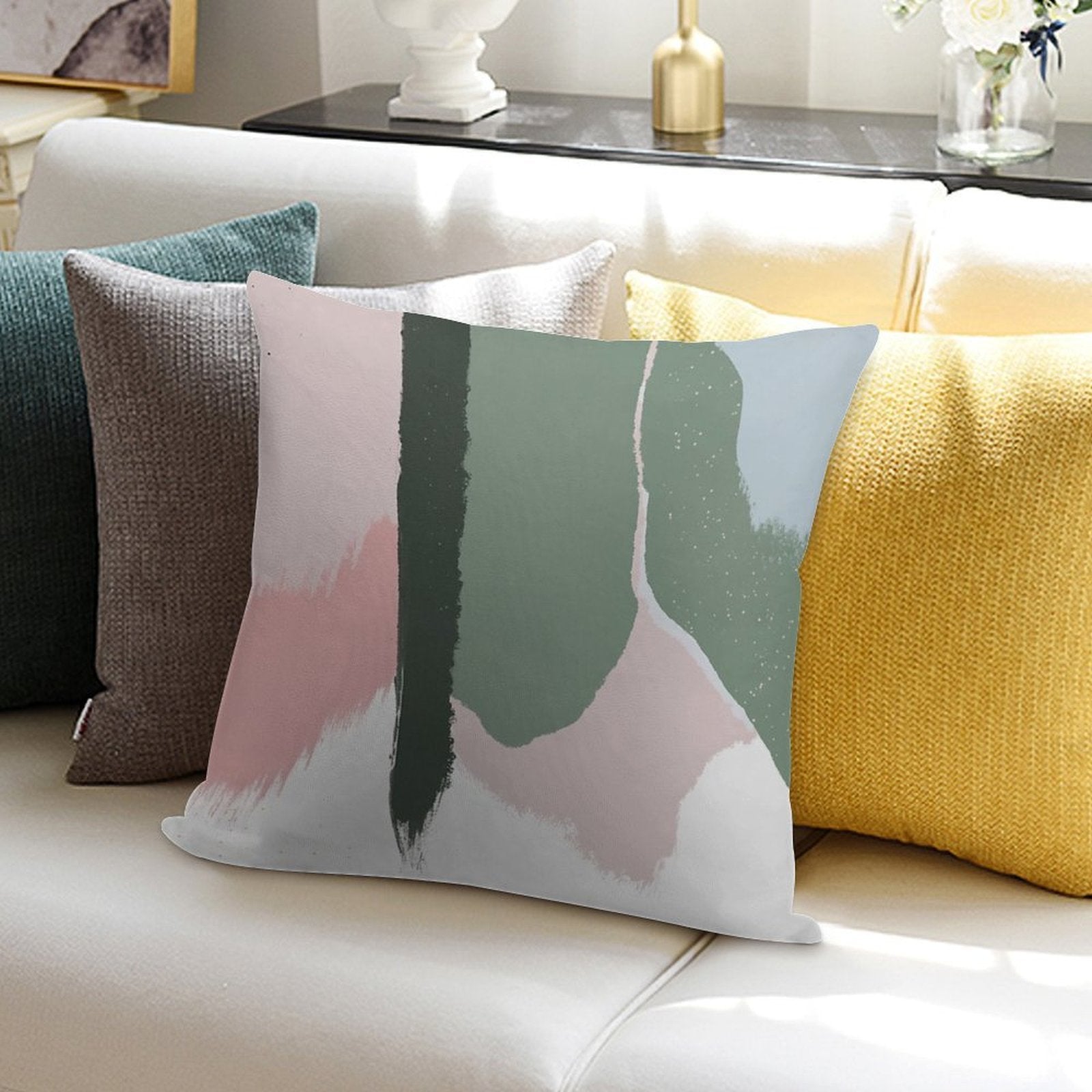 Abstract Art Paint Brush Strokes in Blush Pink & Sage Green Soft Easy Maintenance Throw Pillow