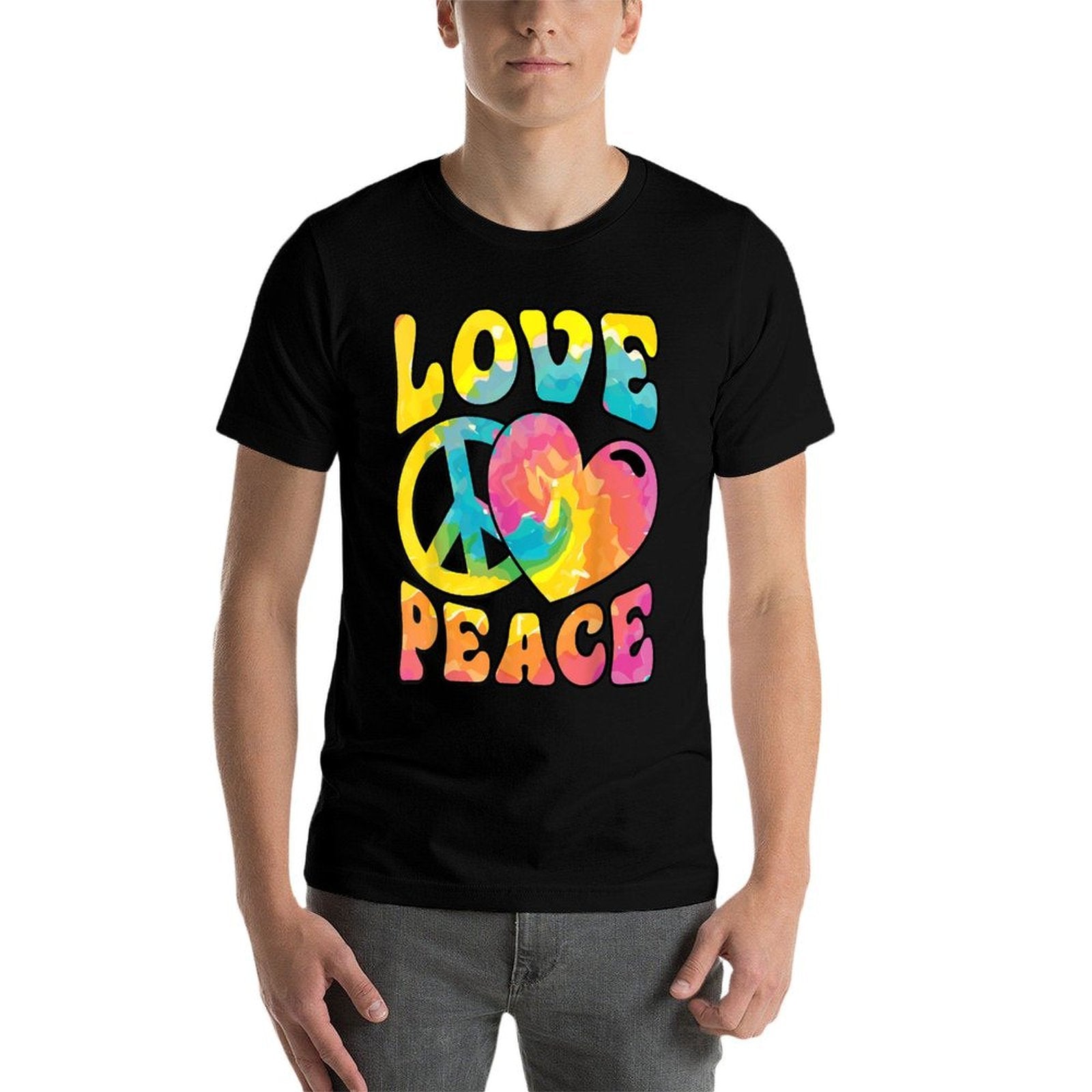 Hippie Women Men Love Peace Sign Heart Tie Dye Retro Groovy  Trendy Pattern T-Shirt