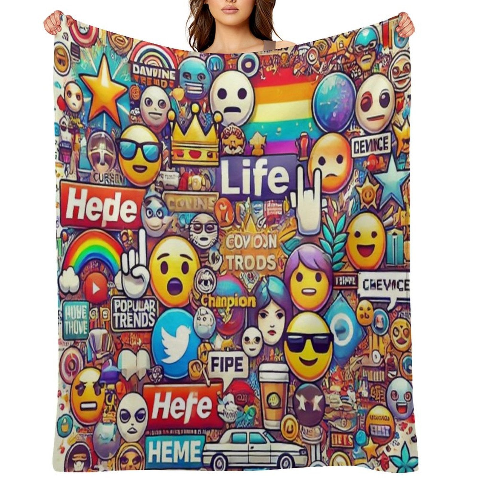 Internet Trends And Emojis Collage - Digital Pop Art Plush Throw Blanket