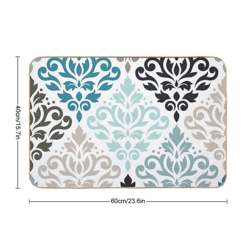 Scroll Damask Pattern Teals Browns White  Rapid-Drying Bath Mat