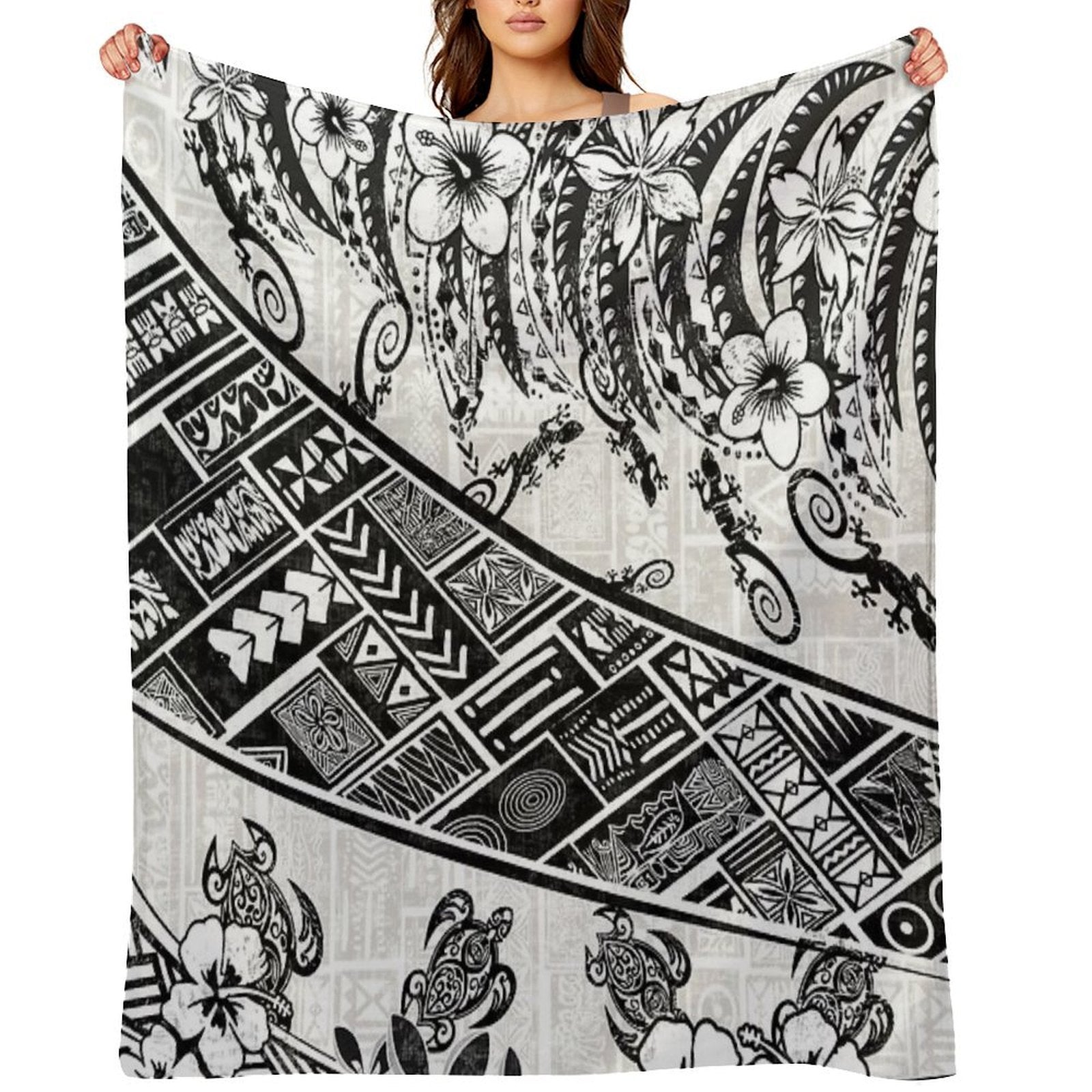 Black And White Polynesian Tribal Distressed Gift-ready Throw Blanket