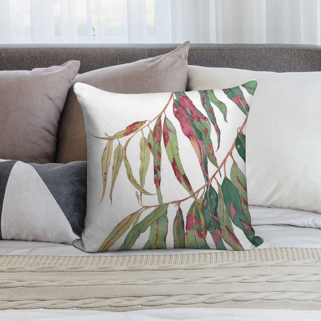 A Touch of Red - Watercolour of Eucalyptus Branch Soft Reinforced Edging Throw Pillow