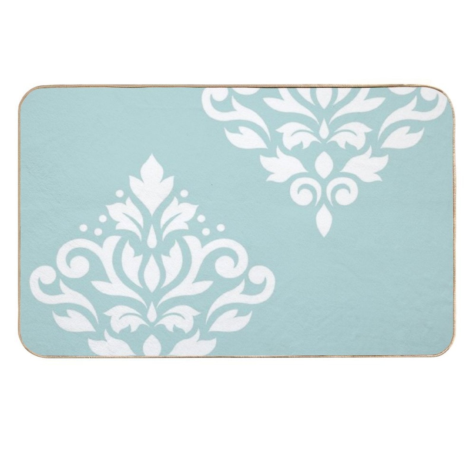 Scroll Damask Art I White on Duck Egg Blue  Fade-Resistant Bath Mat