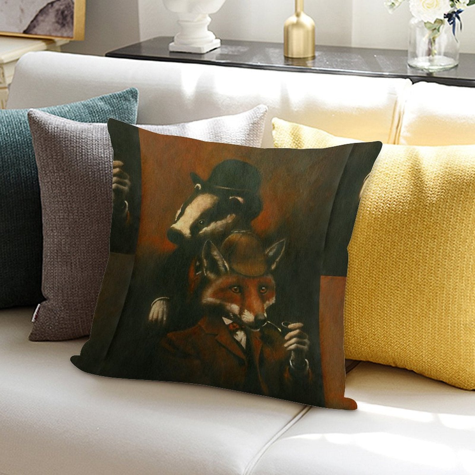 Fox And Badger Holmes And Watson Soft Hidden Zipper Throw Pillow