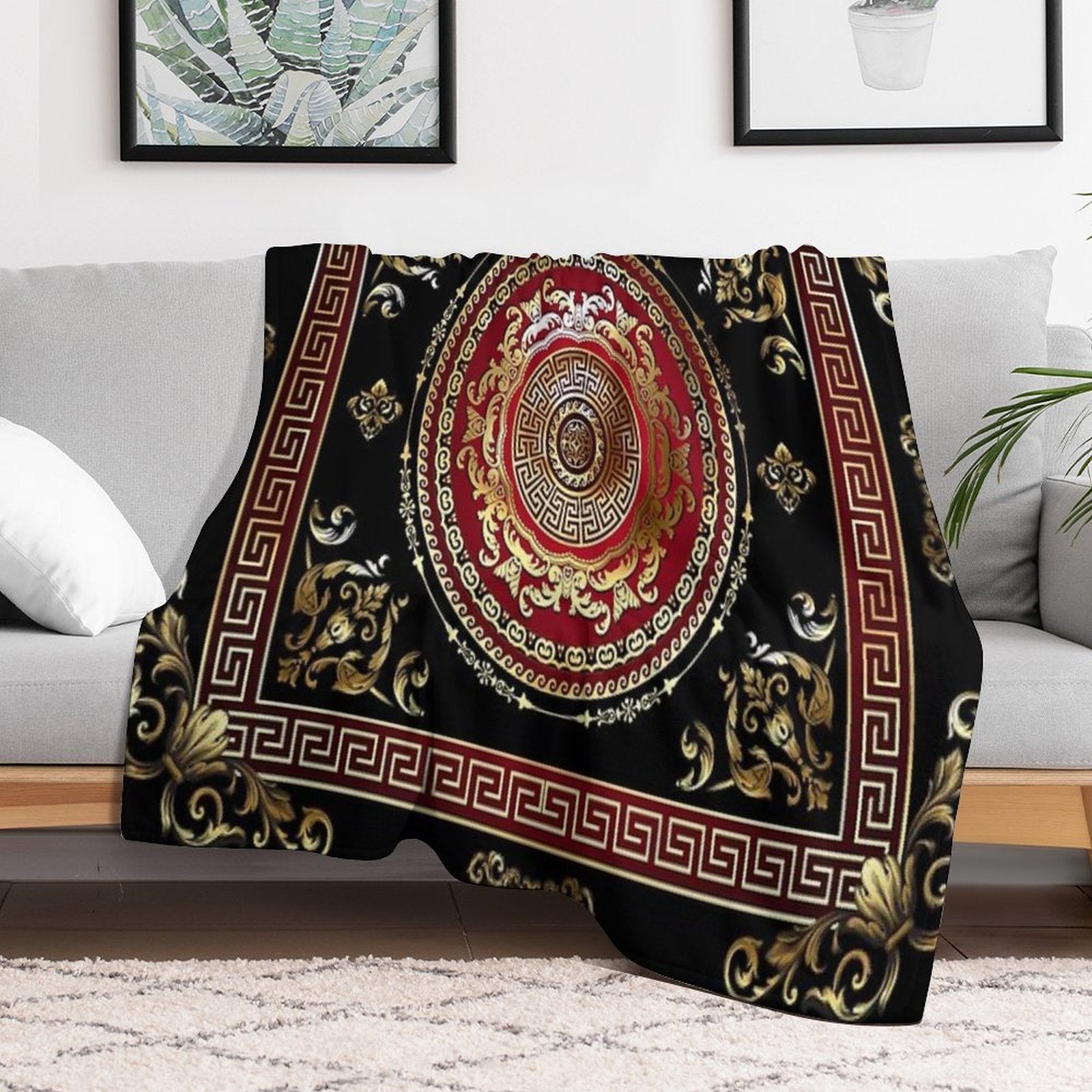 Greek Key Meander Black Gold Red Medallion Baroque Multi-functional Throw Blanket