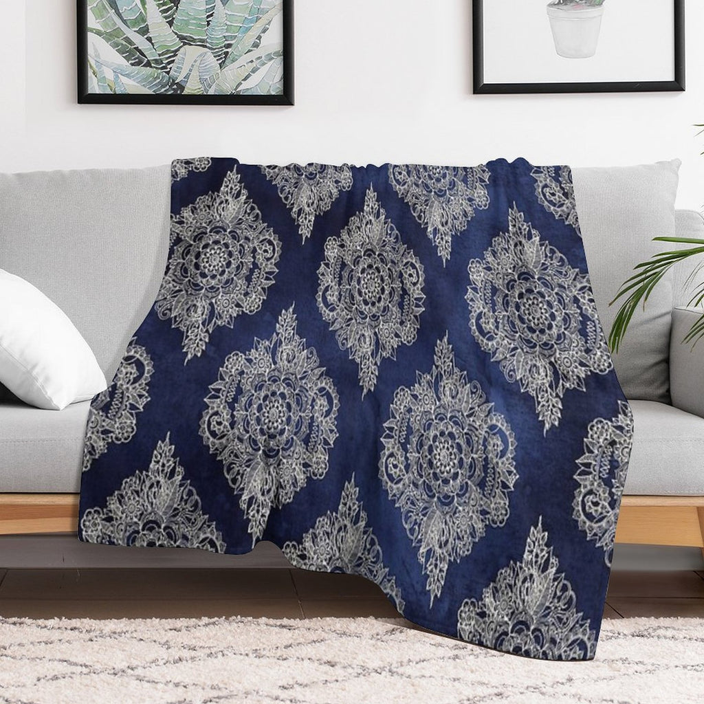 Cream Floral Moroccan Pattern on Deep Indigo Ink Eco-conscious Throw Blanket