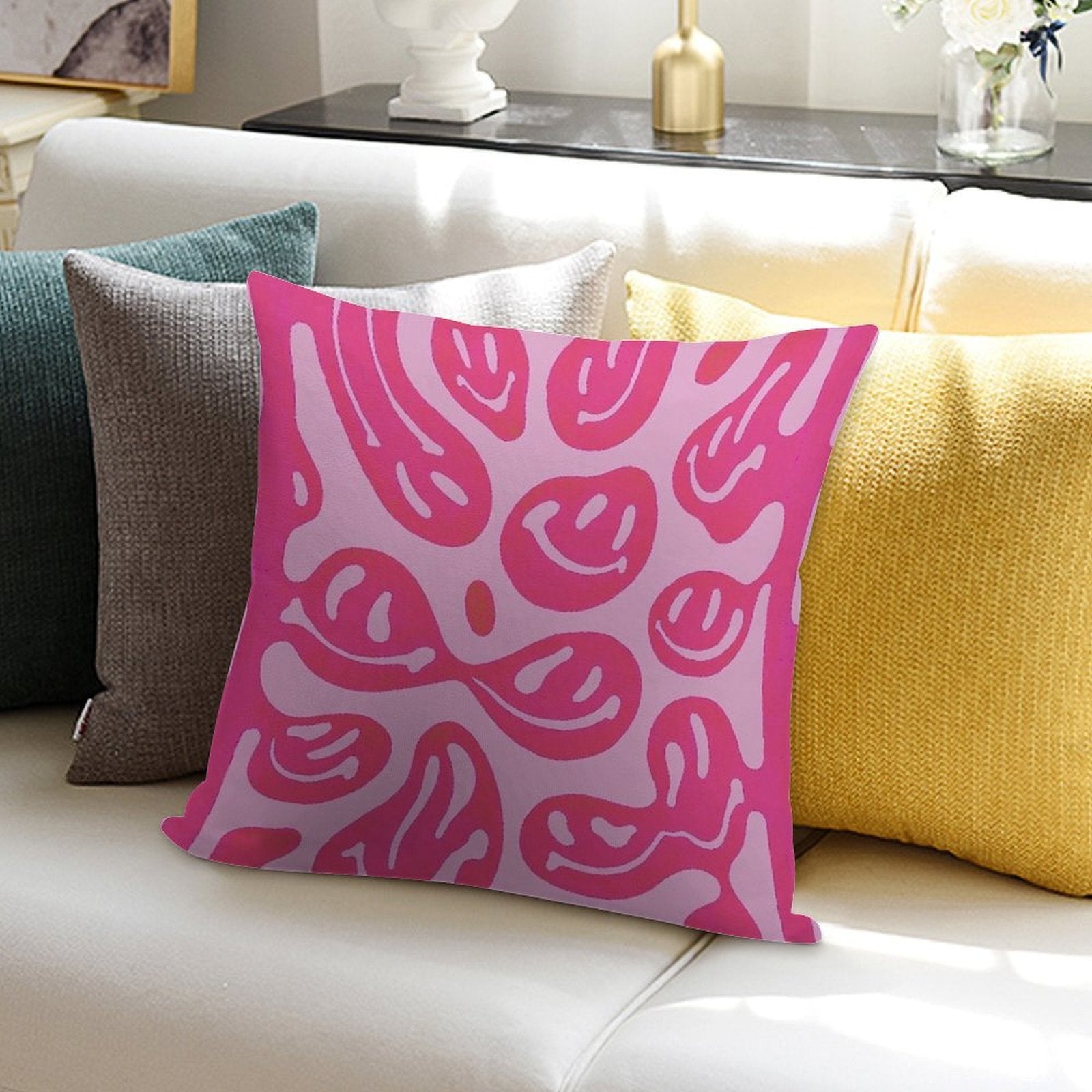 Hot Pink Melted Smiley Face Psychedelic Pattern Soft Bedroom Essential Throw Pillow