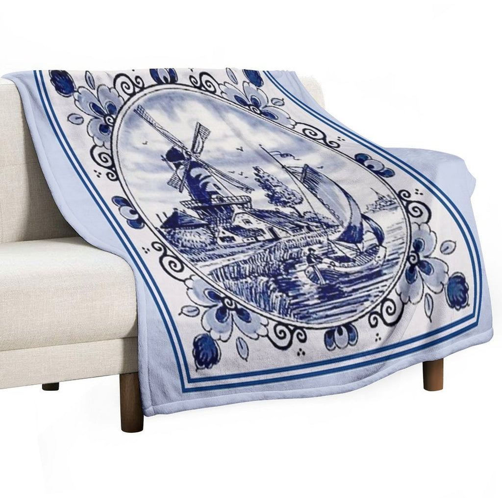 DUTCH BLUE DELFT Vintage Windmill Print Compact Throw Blanket
