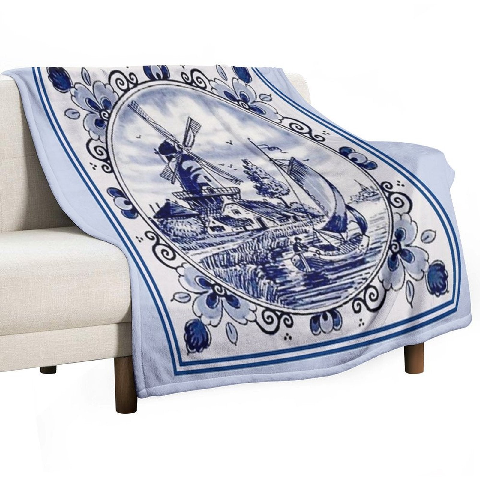 DUTCH BLUE DELFT Vintage Windmill Print Compact Throw Blanket
