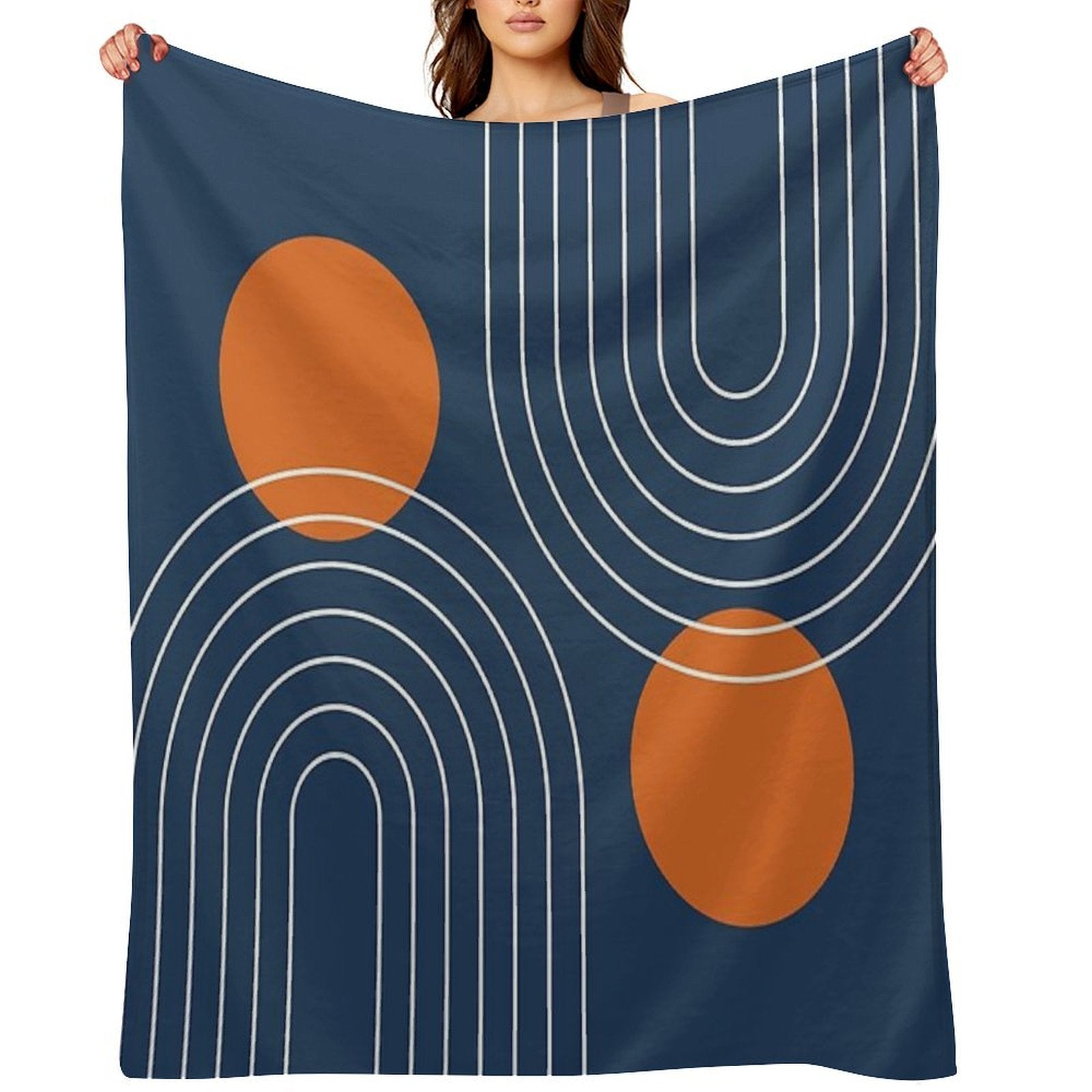 Mid Century Modern Geometric 83 in Navy Blue And Burnt Orange (Rainbow And Sun Abstraction) Shrink-resistant Throw Blanket