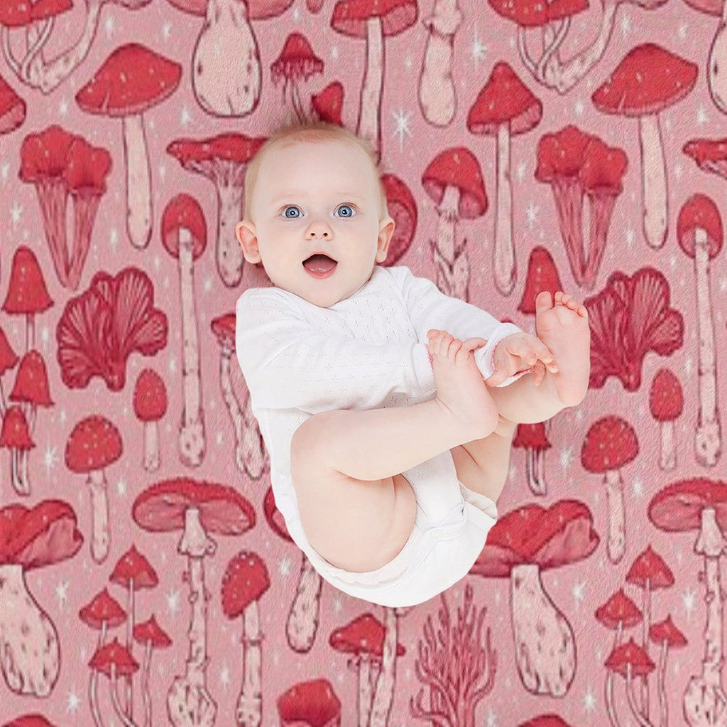 Deadly Mushrooms Red on Pink Eco-conscious Throw Blanket
