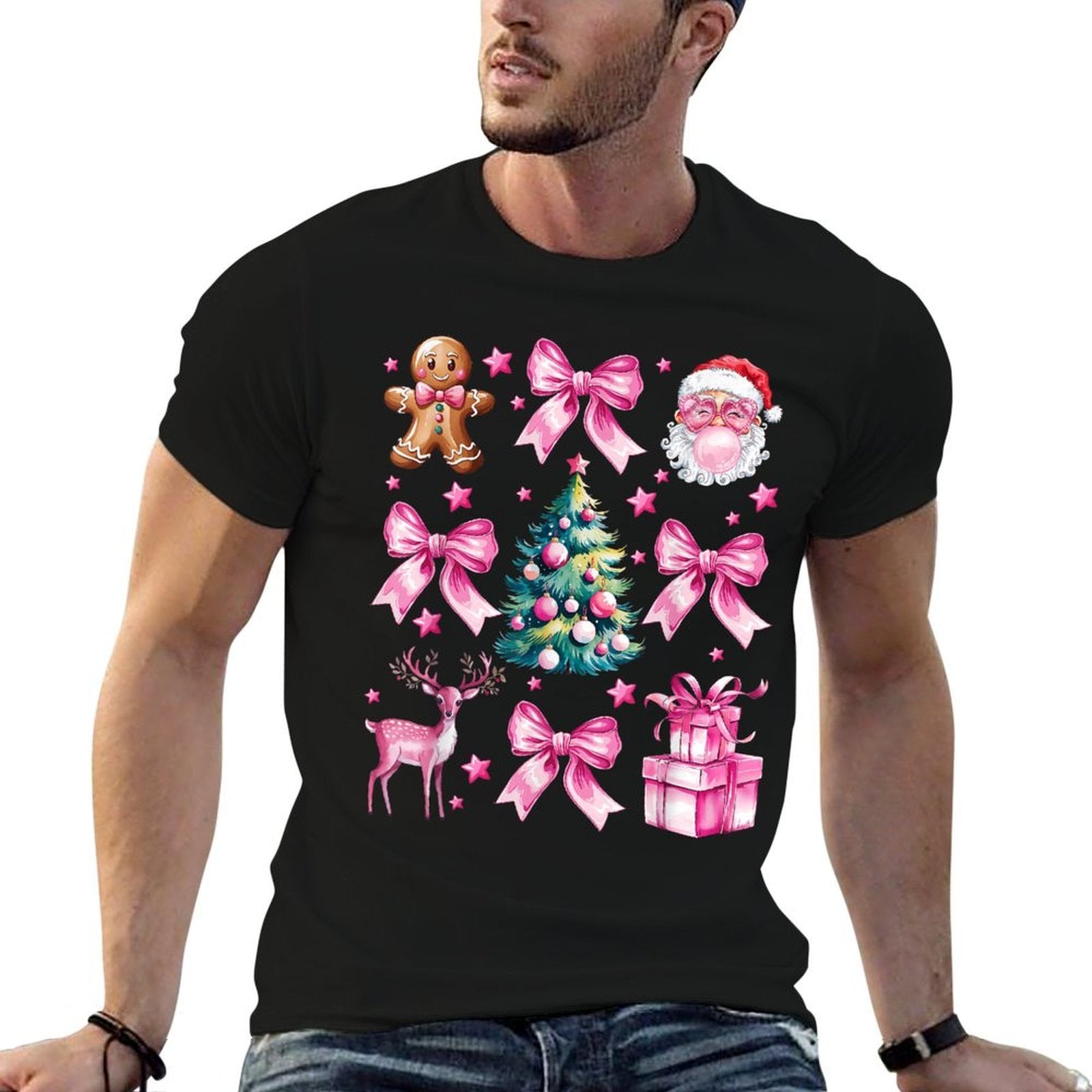 Cute Retro Coquette Bow Pink Christmas Tree Women Kids Girls  Wrinkle-resistant T-Shirt