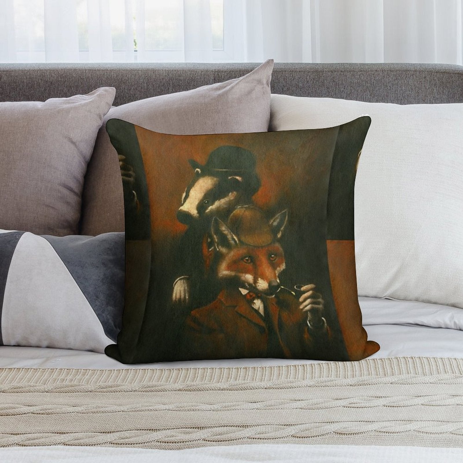 Fox And Badger Holmes And Watson Soft Hidden Zipper Throw Pillow