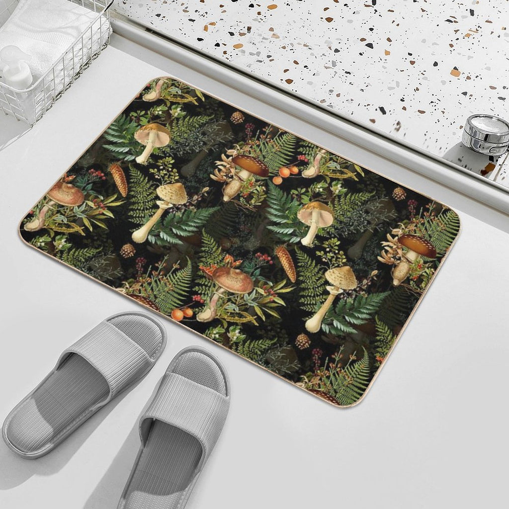 Vintage Toxic Midnight Mushrooms Forest Botanical Night Garden Pattern on Black Nightgarden  Toxin-Free Bath Mat