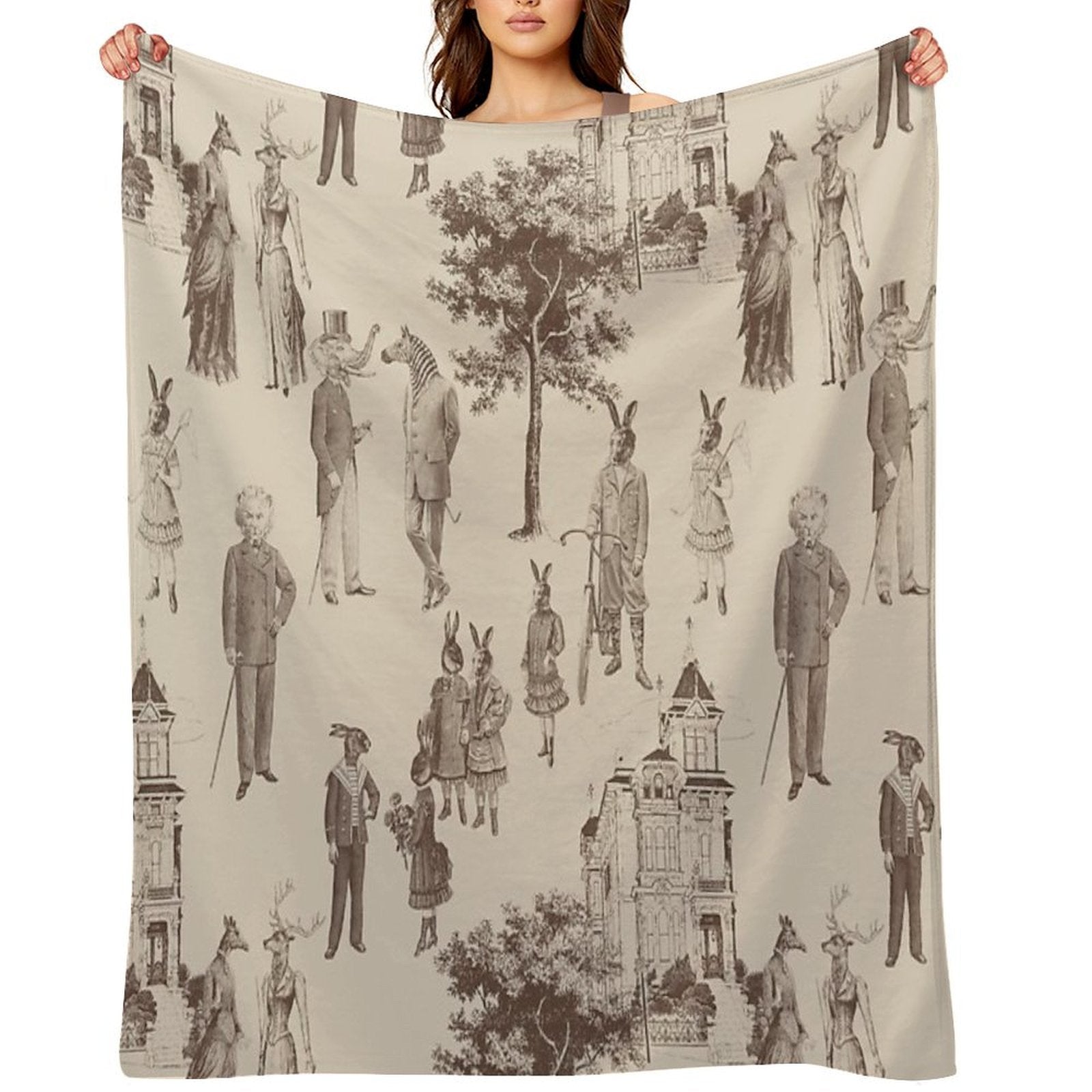 Antique Victorian Animals Brown Beige Toile Travel-friendly Throw Blanket