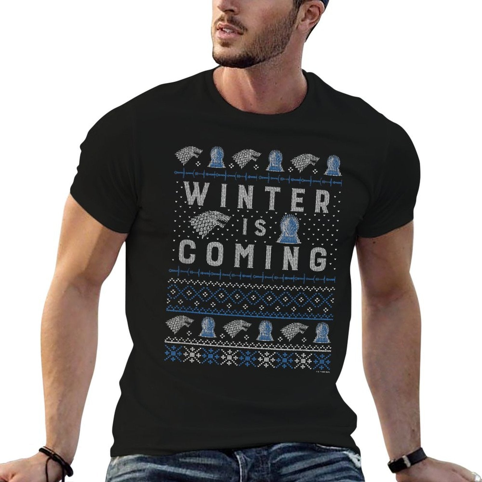 Game Of Thrones Christmas Winter Is Coming Ugly Sweater  Rolled Sleeves T-Shirt