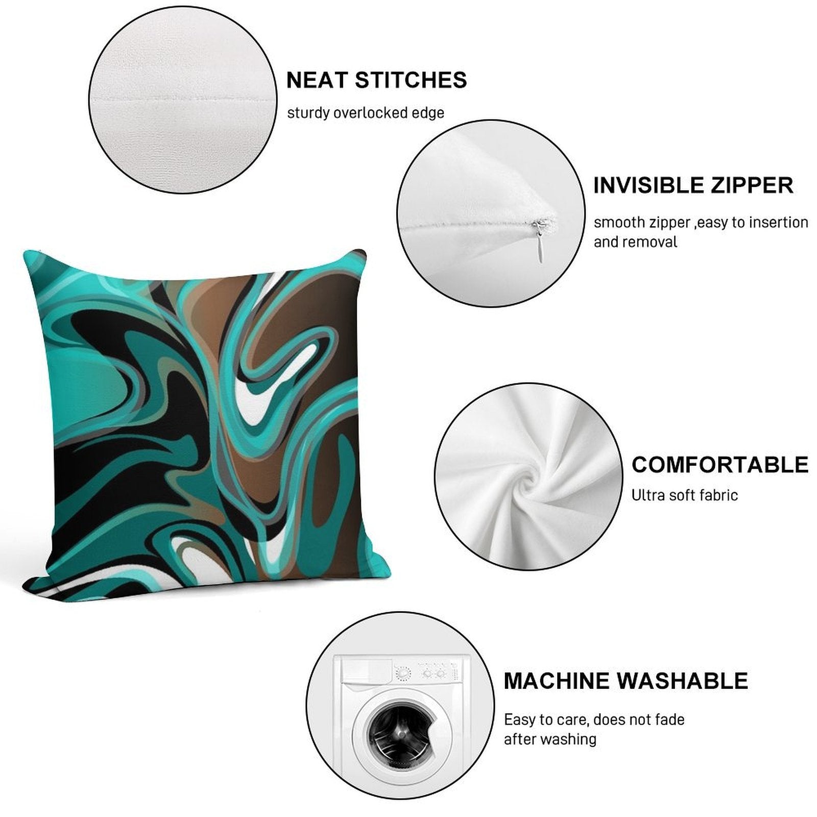 Liquify – Brown, Turquoise, Teal, Black, White Soft Luxury Feel Throw Pillow
