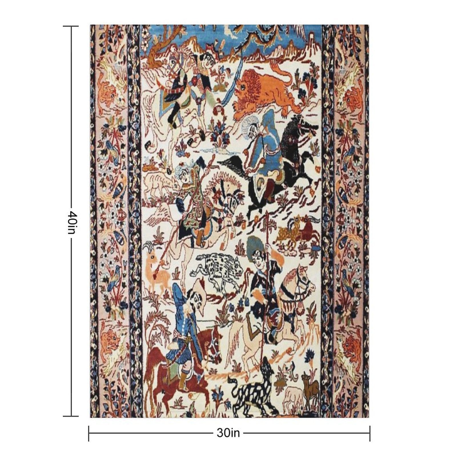 Blue Antique Persian Isfahan Silk Rug with Flowers Animals Print Quick-dry Throw Blanket