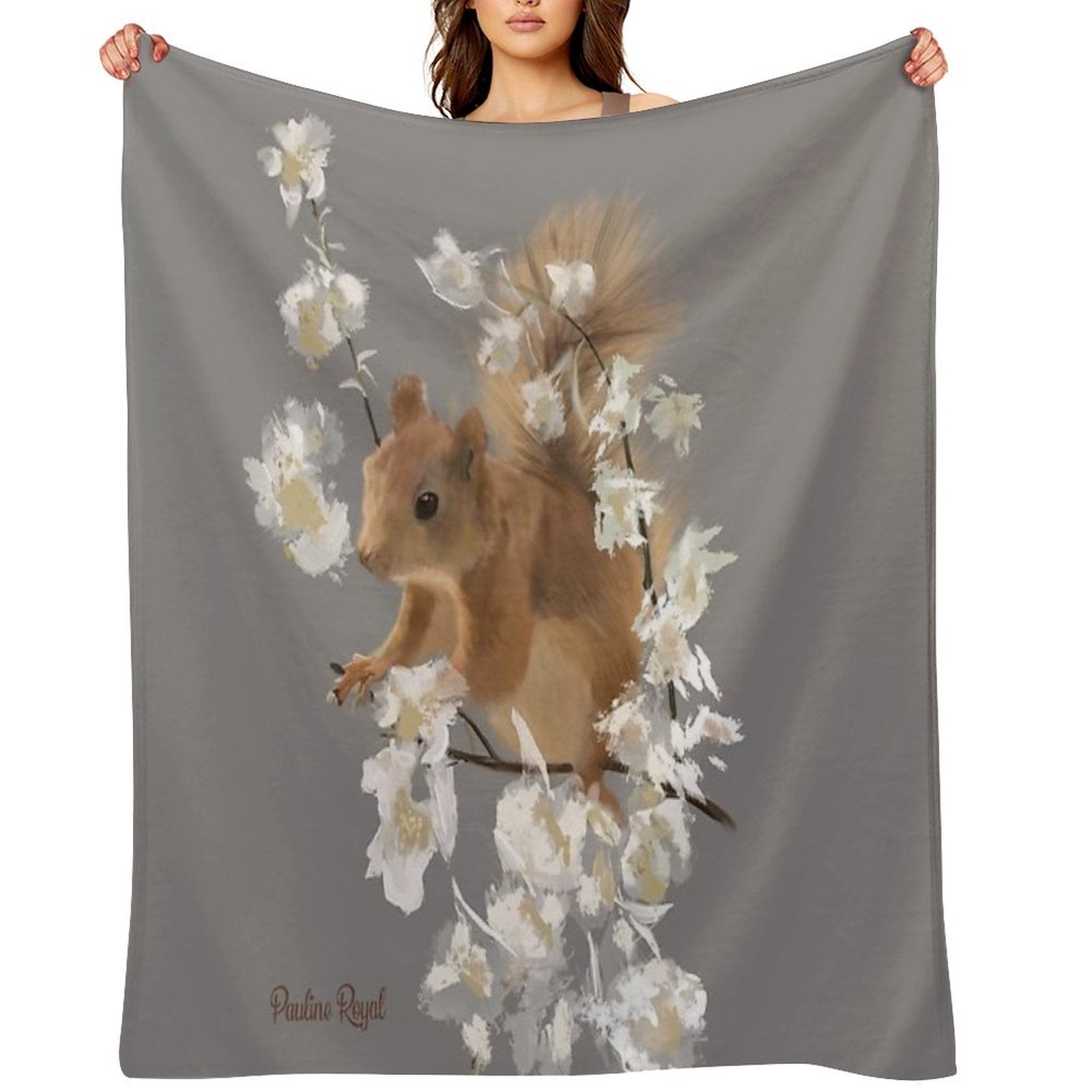 Nature Illustration of Red Squirrel And White Flowers in Springtime! Quick-dry Throw Blanket