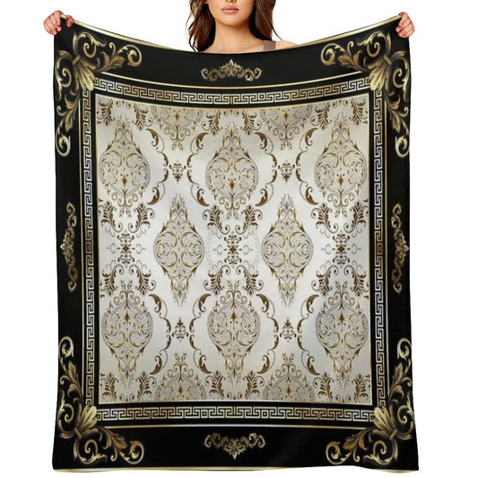 Ornate Baroque Cream Gold Black Greek Key Floral Sustainable Throw Blanket