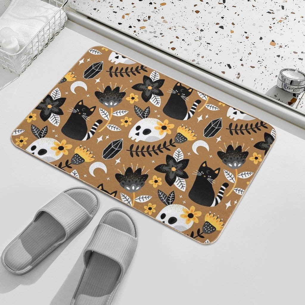 Black Cat And Floral Skull  Long-Lasting Bath Mat