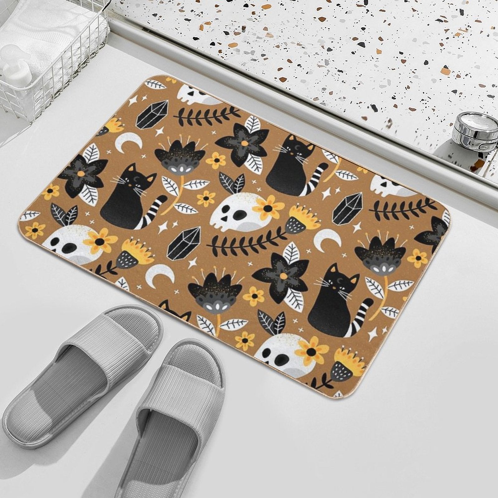 Black Cat And Floral Skull  Long-Lasting Bath Mat