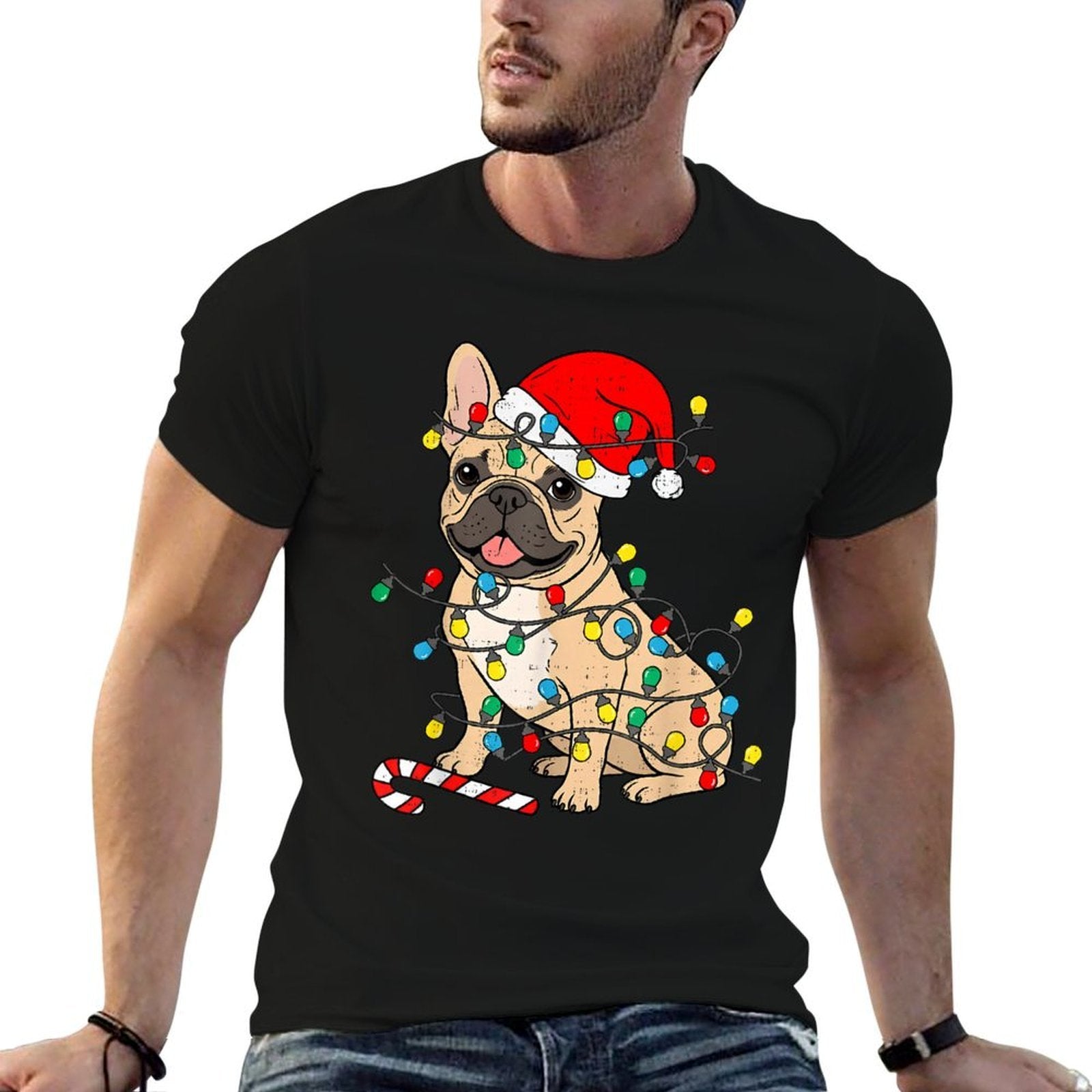 French Bulldog Dog Christmas Lights Santa Xmas Pet Dog Lover  Rolled Sleeves T-Shirt