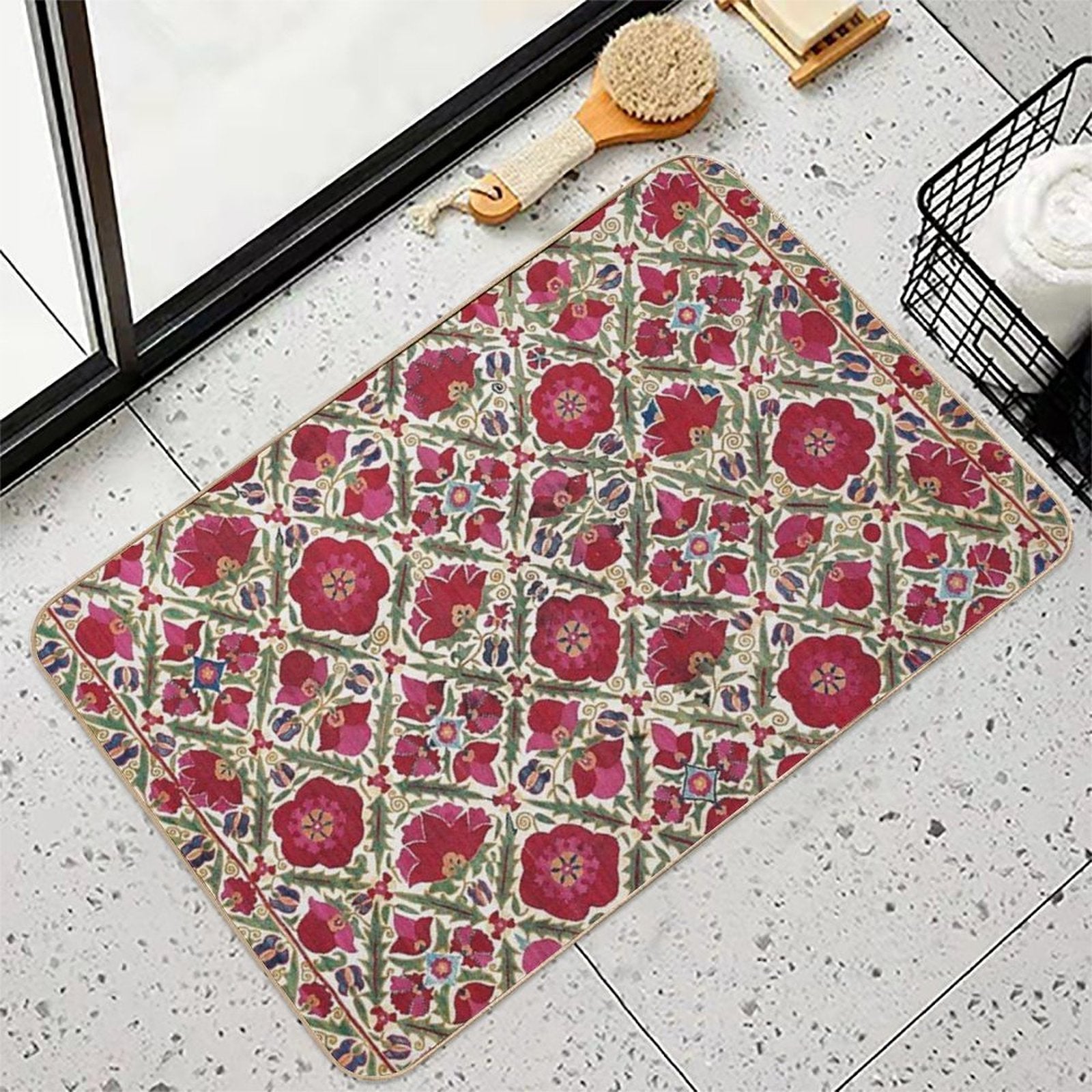 Bokhara Nim Suzani  Antique Uzbek Embroidery Print  Toxin-Free Bath Mat