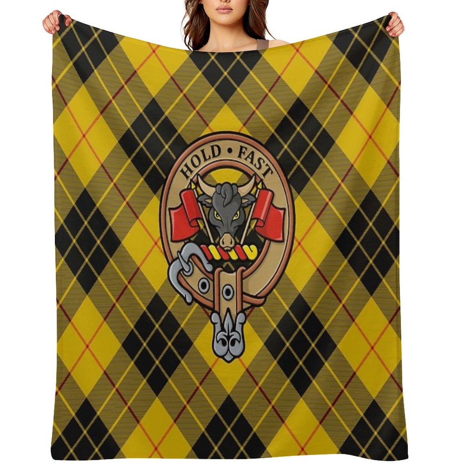 Clan MacLeod Crest over Yellow Tartan Premium Throw Blanket