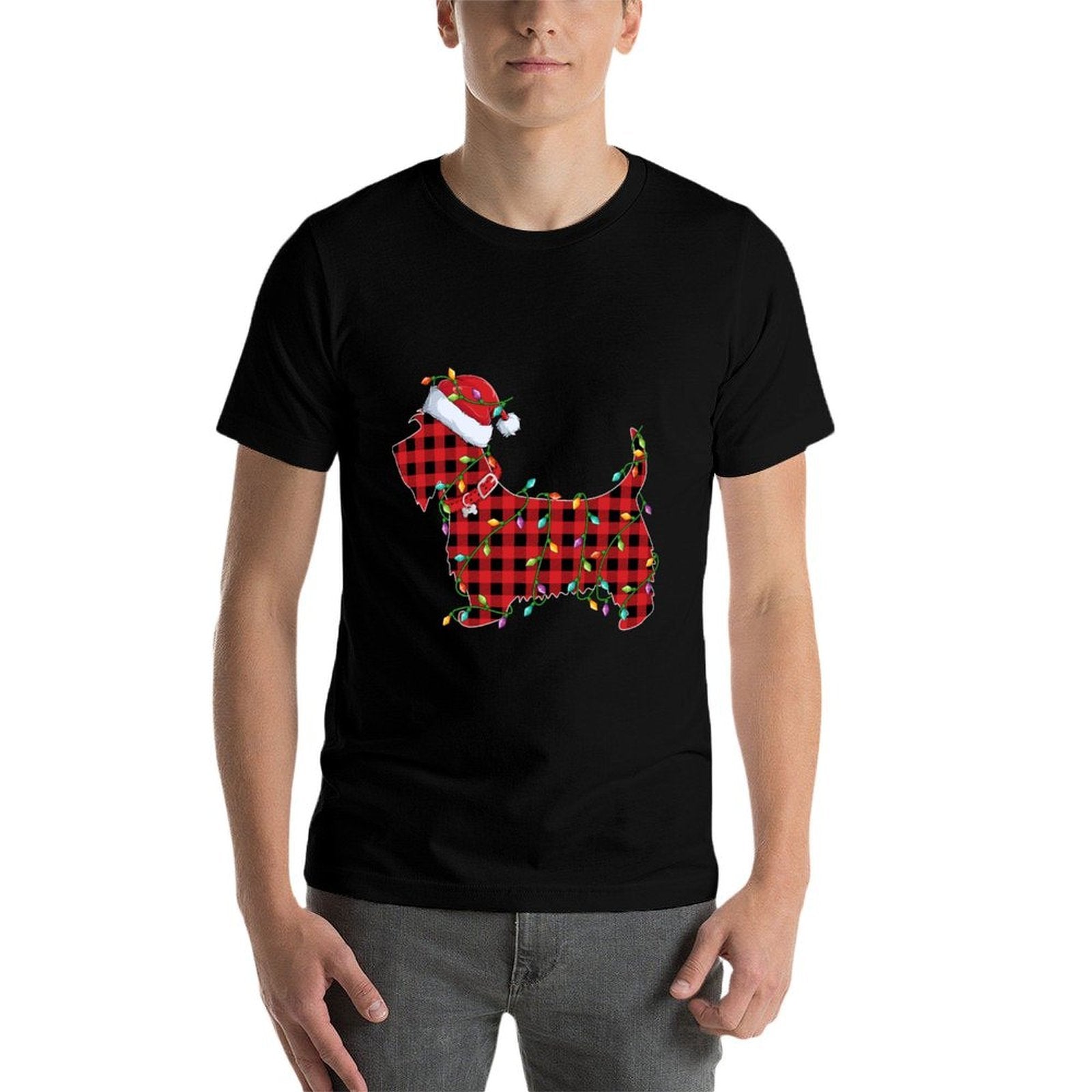 Xmas Lighting Matching Buffalo Plaid Scottie Dog Christmas  Graphic-printed T-Shirt
