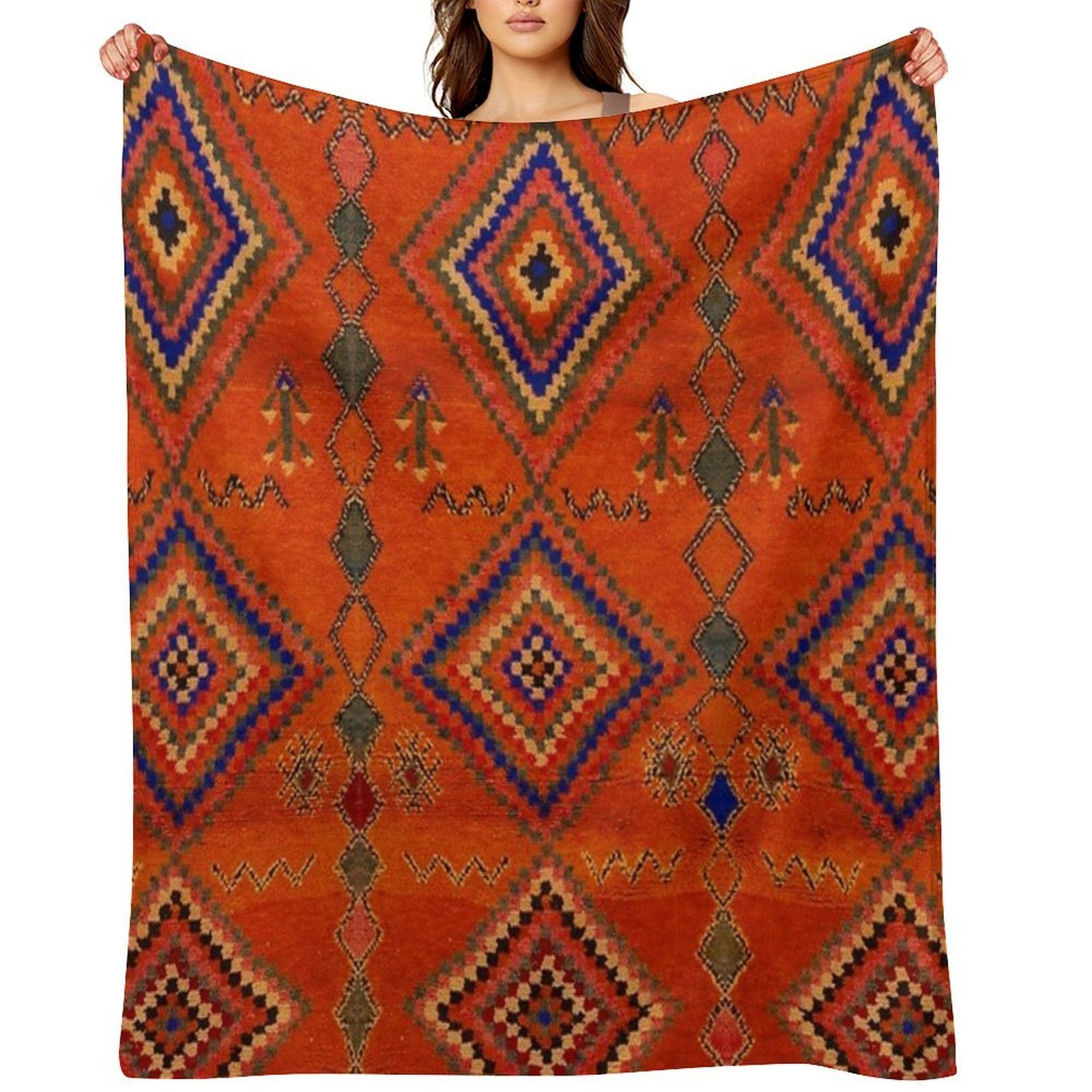 Orange Oriental Moroccan Rug Easy Care Throw Blanket