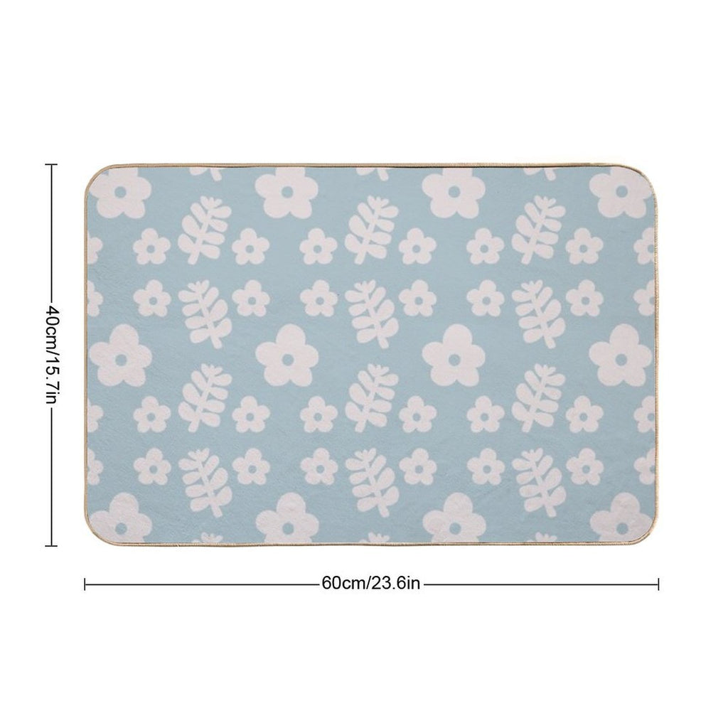 Mid Century Modern Flowers & Leaves, Cute Retro Pattern, Sky Blue  Easy Maintenance Bath Mat