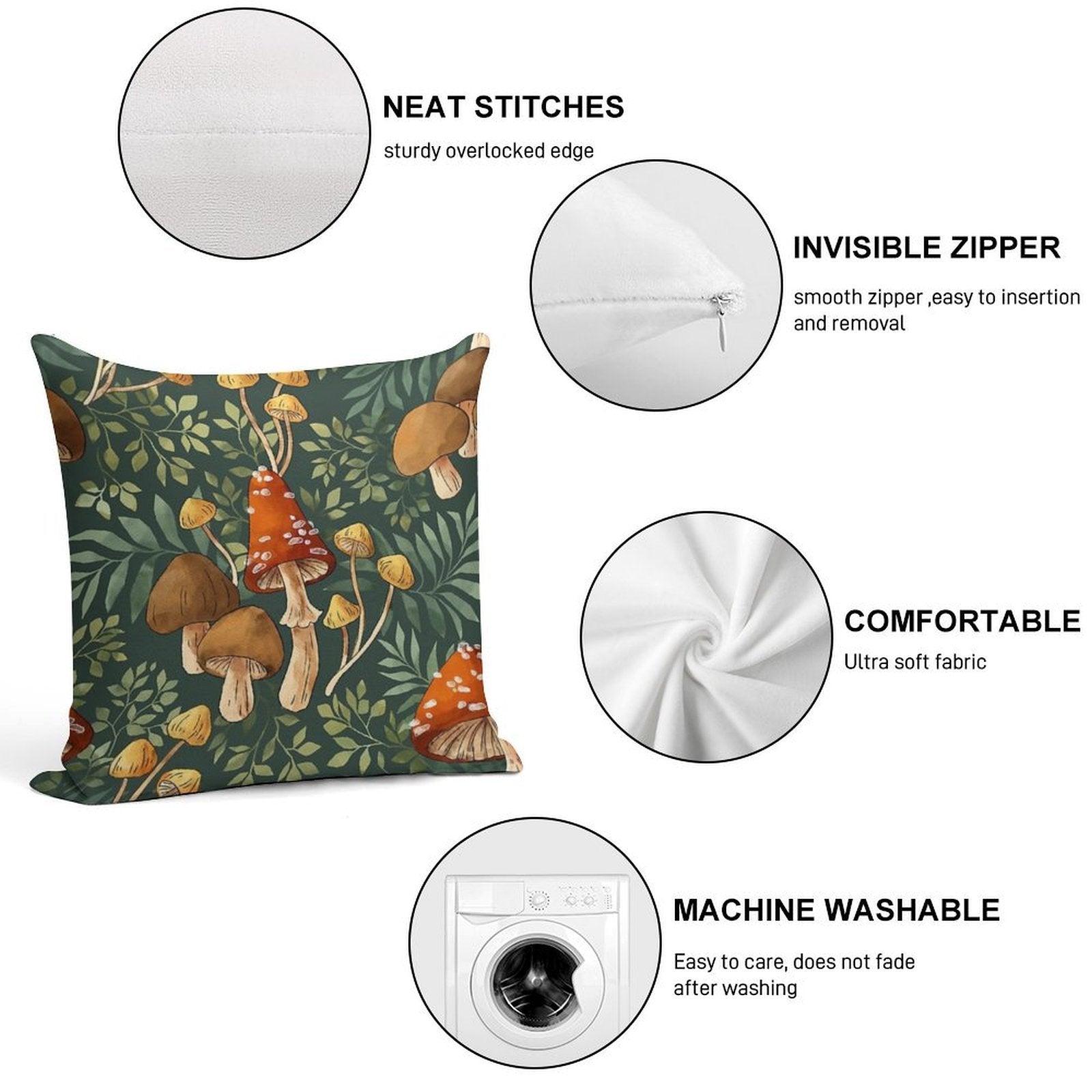 Woodland Mushroom Spray Soft Washable Throw Pillow