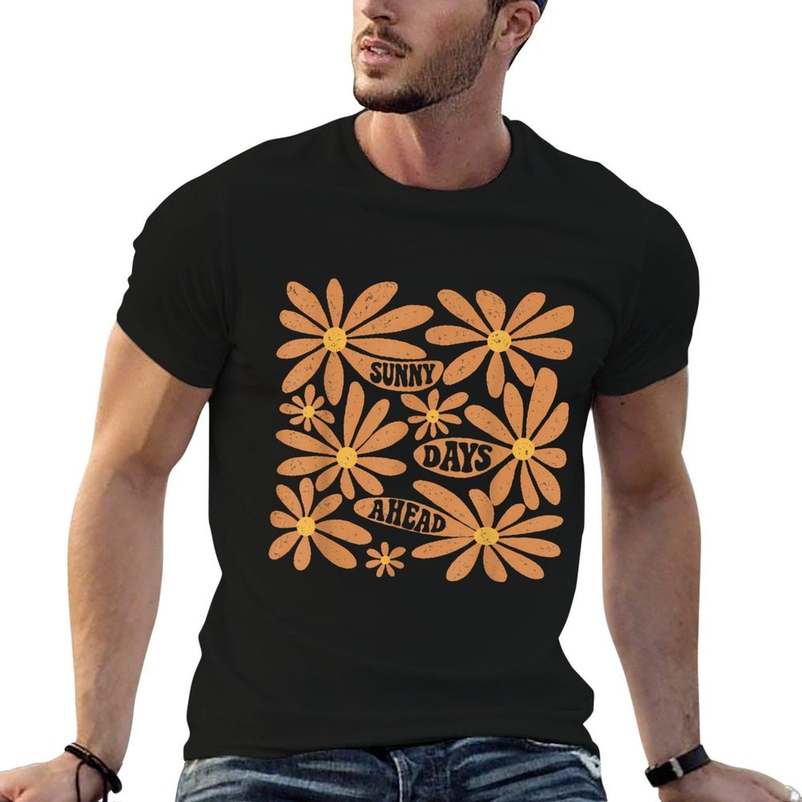 Boho Sunny Days Ahead, Boho Hippie Floral, Abstract Floral  Ribbed Collar T-Shirt
