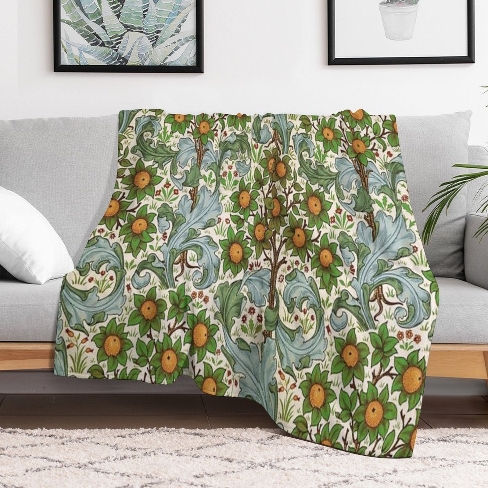 ORANGE TREE WITH BLUE GREEN LEAVES ,FLOWERS Soft Floral Art Nouveau Pattern Anti-pilling Throw Blanket