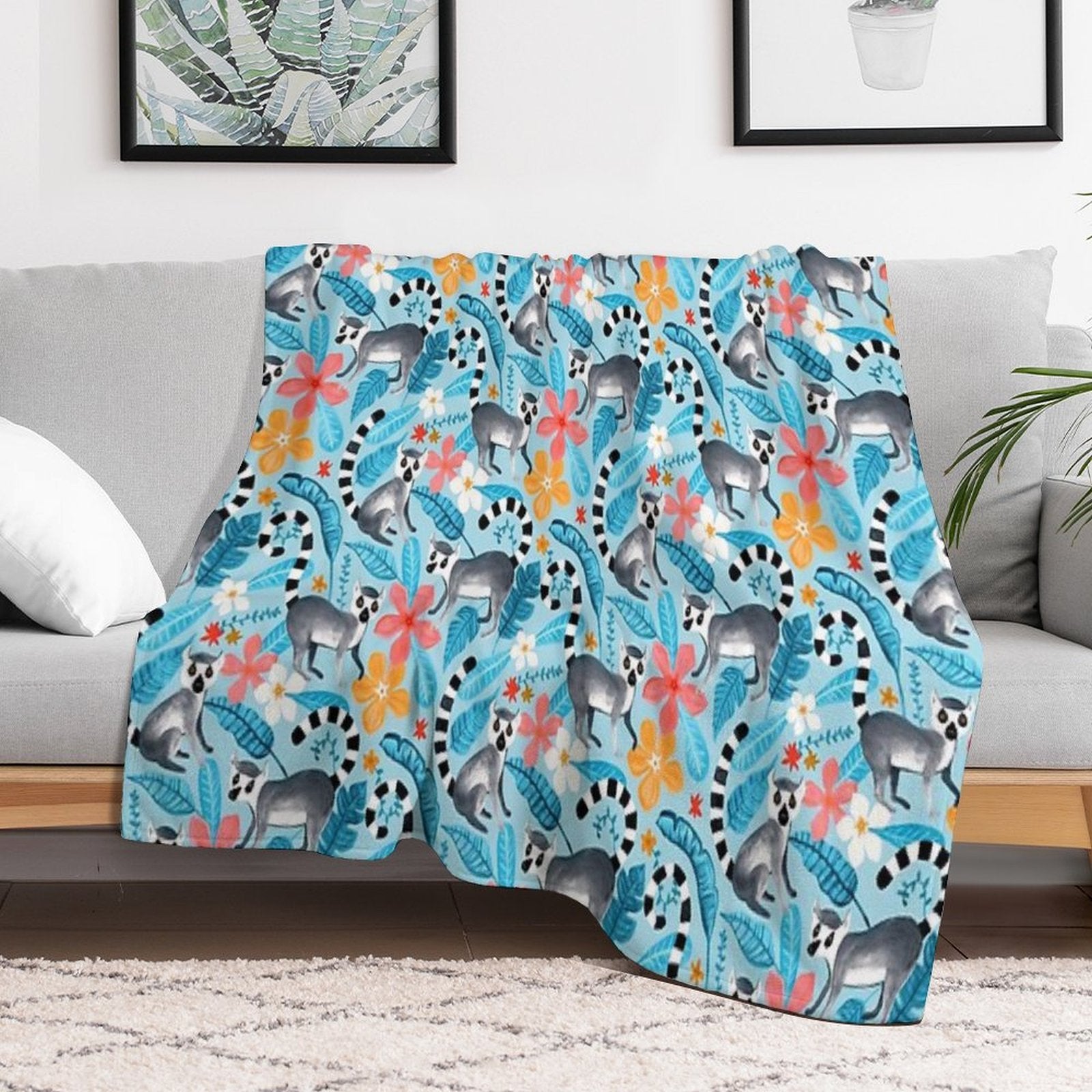 Gouache Lemur Land on Blue All-season Throw Blanket