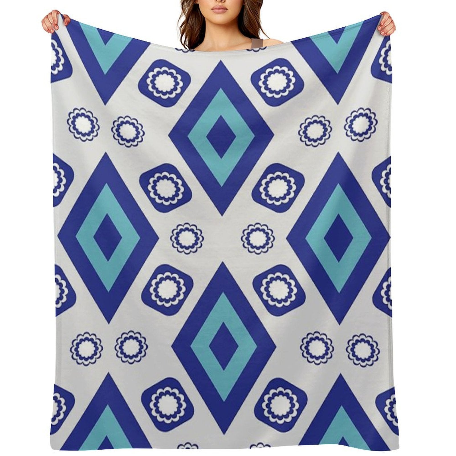 Blue Geometric And Floral Ethnic Pattern Durable Throw Blanket