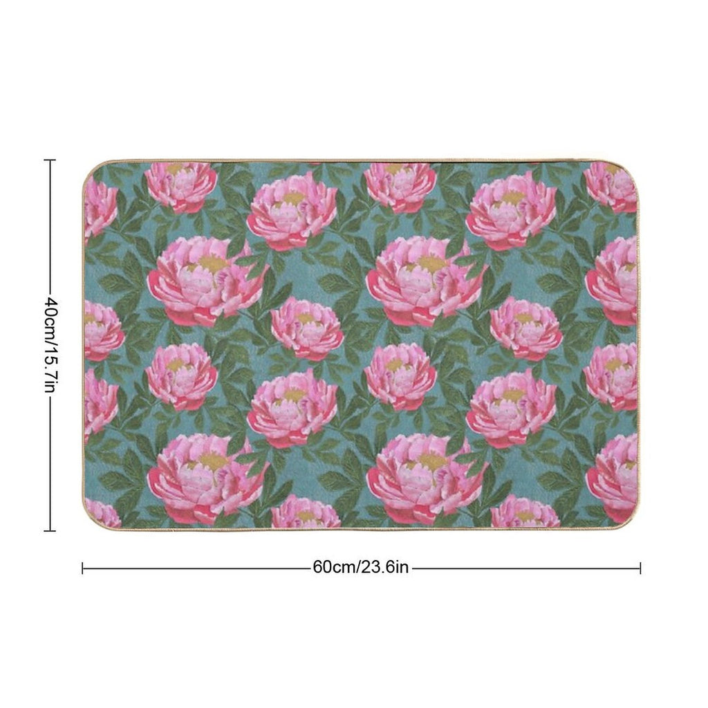 Peony on Teal  Non-Slip Bath Mat