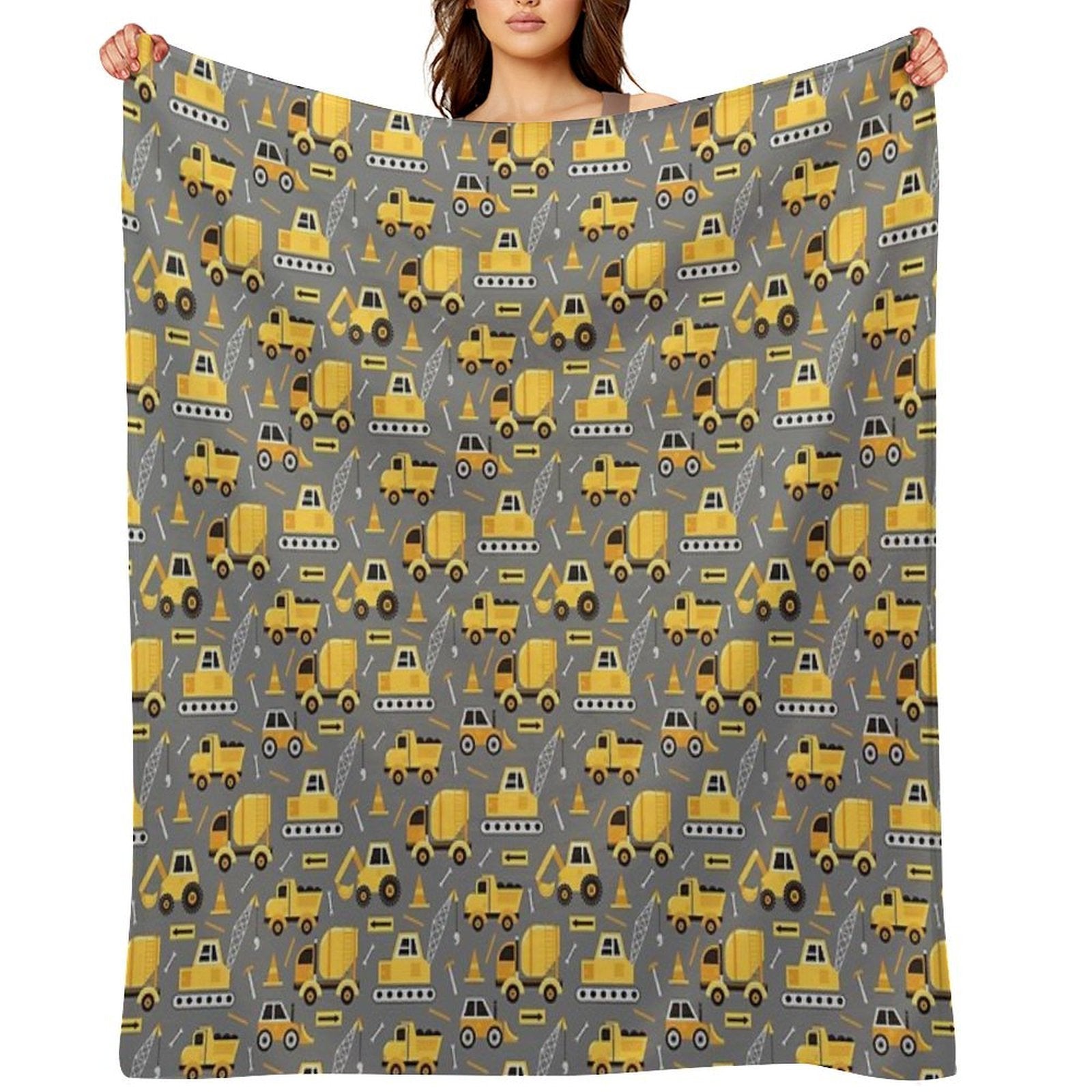 Construction Trucks on Gray Travel-friendly Throw Blanket