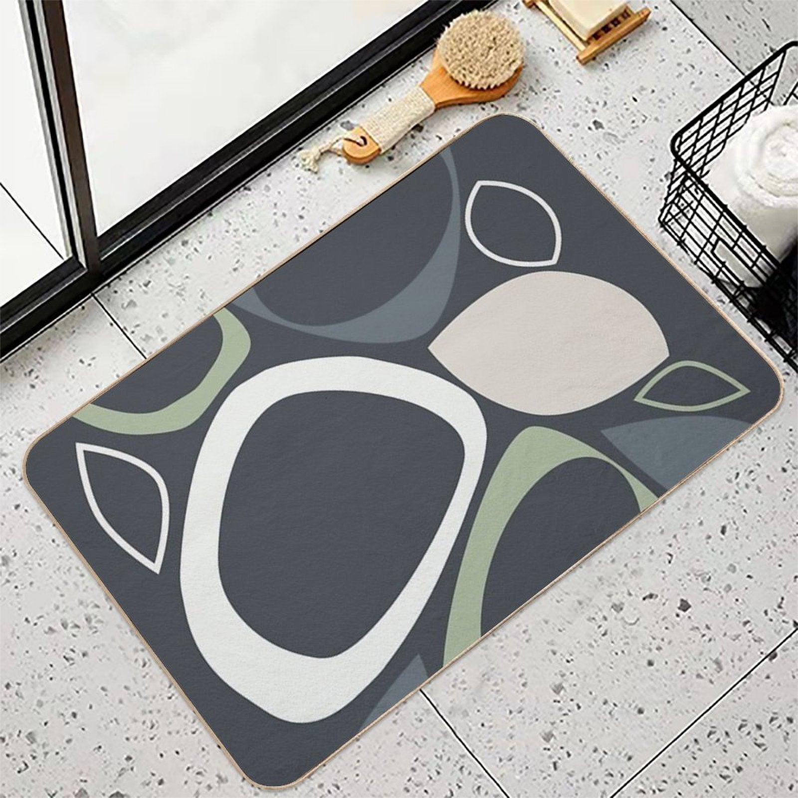 Mid Century Modern Abstract 8 Charcoal, Sage Green, Beige  Long-Lasting Bath Mat