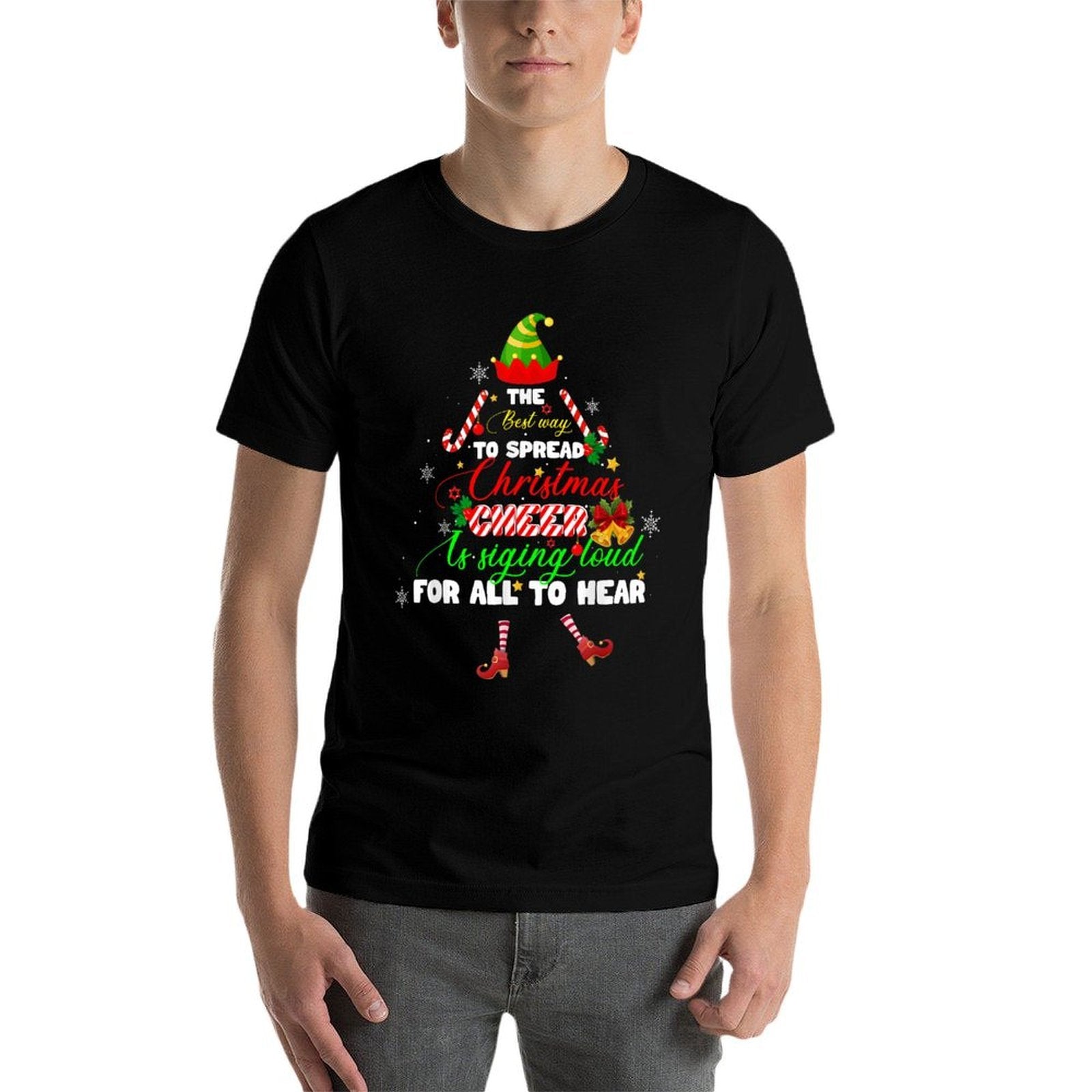 Spread Christmas Cheer Is Singing Loud Elf Pajamas Xmas  Ribbed Collar T-Shirt