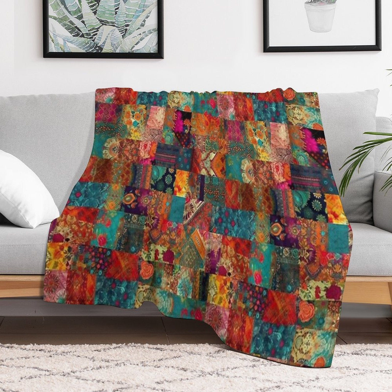 Bohemian Patchwork Wonderland Vibrant Bright Hippie Velvety-soft Throw Blanket