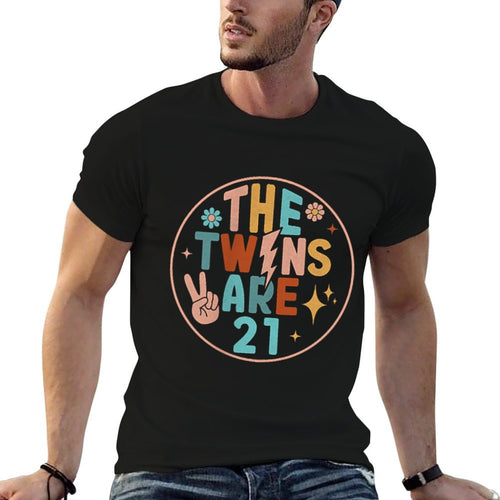 (2 SIDED) Twins 21st Birthday Party Groovy 21 Year Old Twin  Polyester Blend T-Shirt